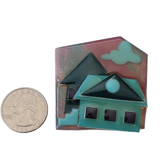 Lucinda Green Blue Pink House Pin L11 - Picture 5 of 8